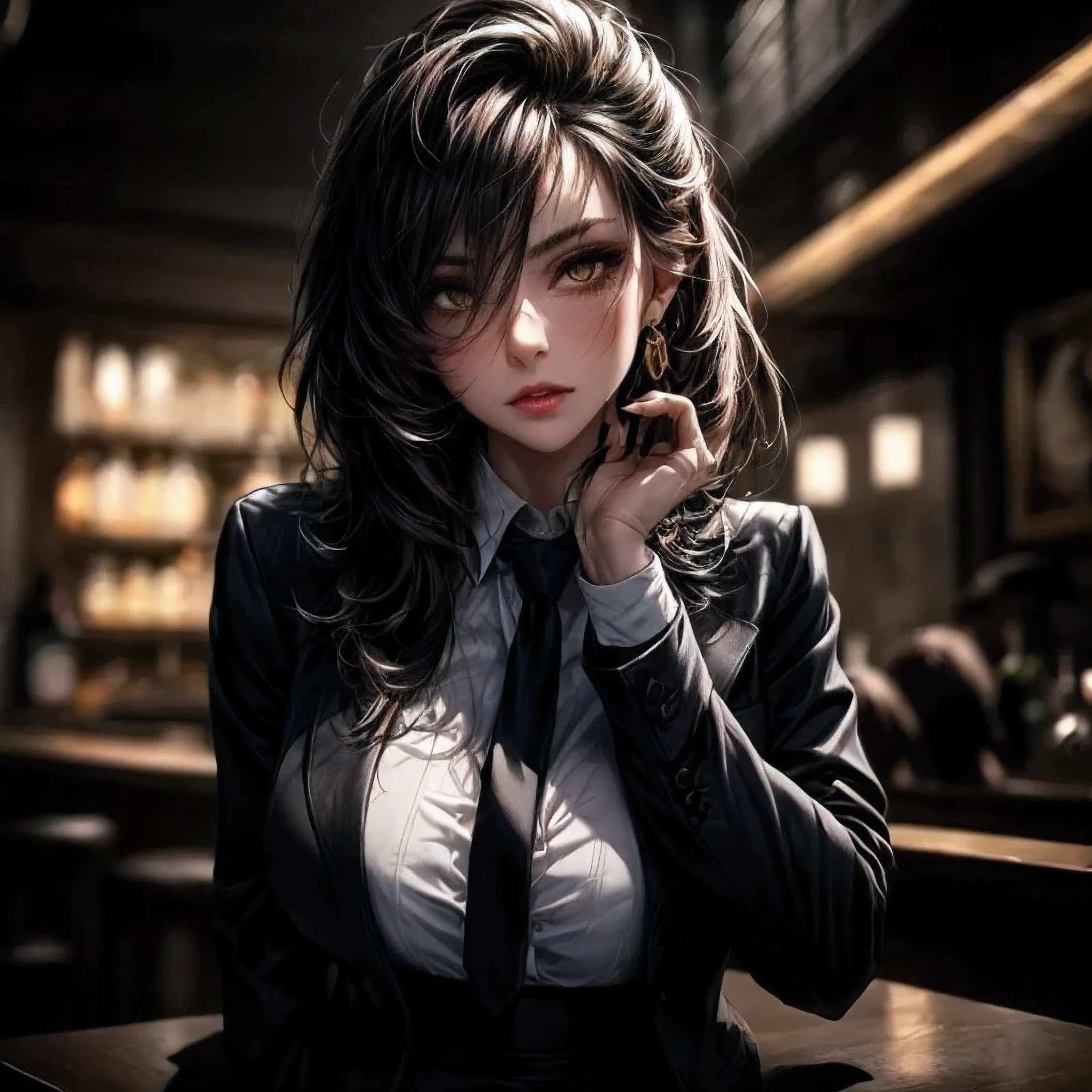 ((best quality)), ((Masterpiece)), ((Enrich the picture,Masterpiece level quality)), golden hair, high ponytail, very big breasts, golden eyes, fierce woman, mafia boss, eyes details, best quality, street fashion, RAW 4K, Realistically, ( cinematic lighting, moody, textile shading), perfect proportions, ultra detailed, volumetric lighting, soft lighting, glossy skin, beautiful face, Special face details, strong emotions, elegant gesture, Detailed facial features, Long eyelashes, contrast, great details, Incredible atmosphere, Fascinating setting, Haunting beauty , sexy mini white shirt, mafia suit, necktie, mini black skirt, luxury bar,