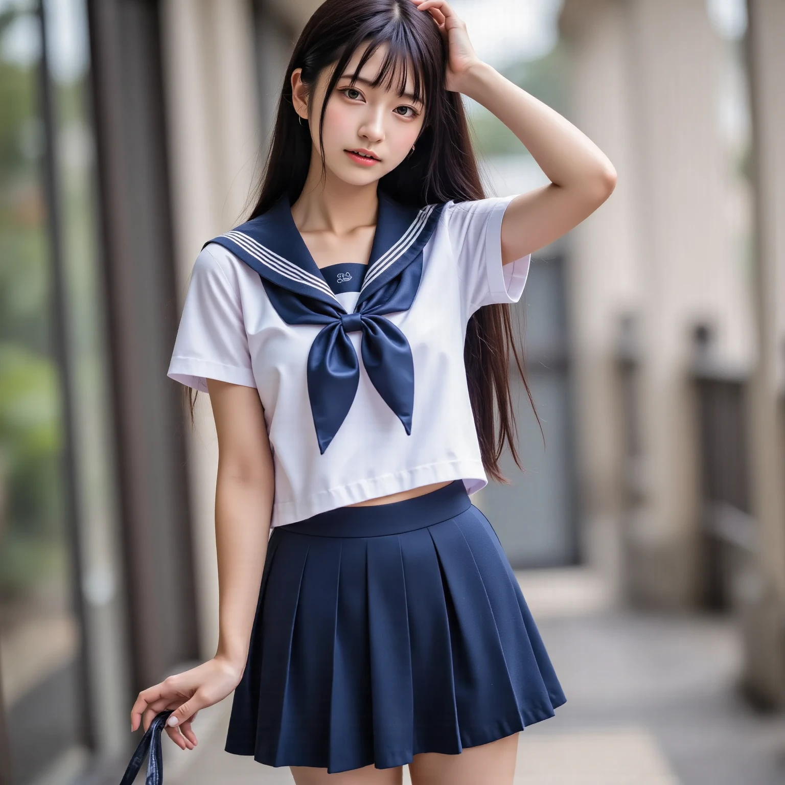 8k UHD、Digital single-lens reflex camera、High resolution、shallow depth of field、Natural light、(((sailor suit)))、(((Dark blue super mini skirt)))、(((full body shot)))、small person、(((young face)))、1 Japanese girl、16 years old; beautiful girl、(black hair)、(((brown eyes)))、Glossy skin、smooth thin hair、long hair、detailed background、highly detailed eyes and face、clear eyes、cute smile、Calm atmosphere、(((climb the stairs)))、(((detailed small breasts)))、(((beautiful eyes)))、petya pie、children `s、(((tight thighs)))、(((white panties)))、(((angle from below) ))、(((detailed lips)))、(((The skirt is fluttering)))、beautiful shining legs、((nsfw))