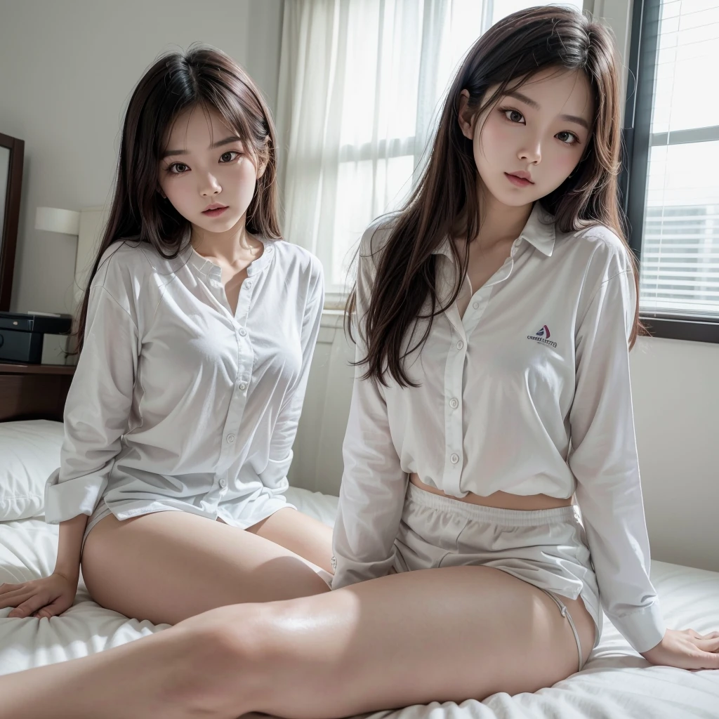 show off panties、(((Two women in white shirts and black tight skirts:1.4)))、(in a hotel room)、wide open crotch:1.2、Sit with both knees bent、Don'Don'Don't cover your lower body、very cute face、(best smile)、sensual body、((Top Quality 8K、masterpiece:1.3))、sharp focus:1.2、cute woman with perfect figure:1.4、thin、Oily and shiny skin、Highly detailed face and skin texture、fine eyes、double eyelid、(((spread your legs)))、(((I can see white panties)))