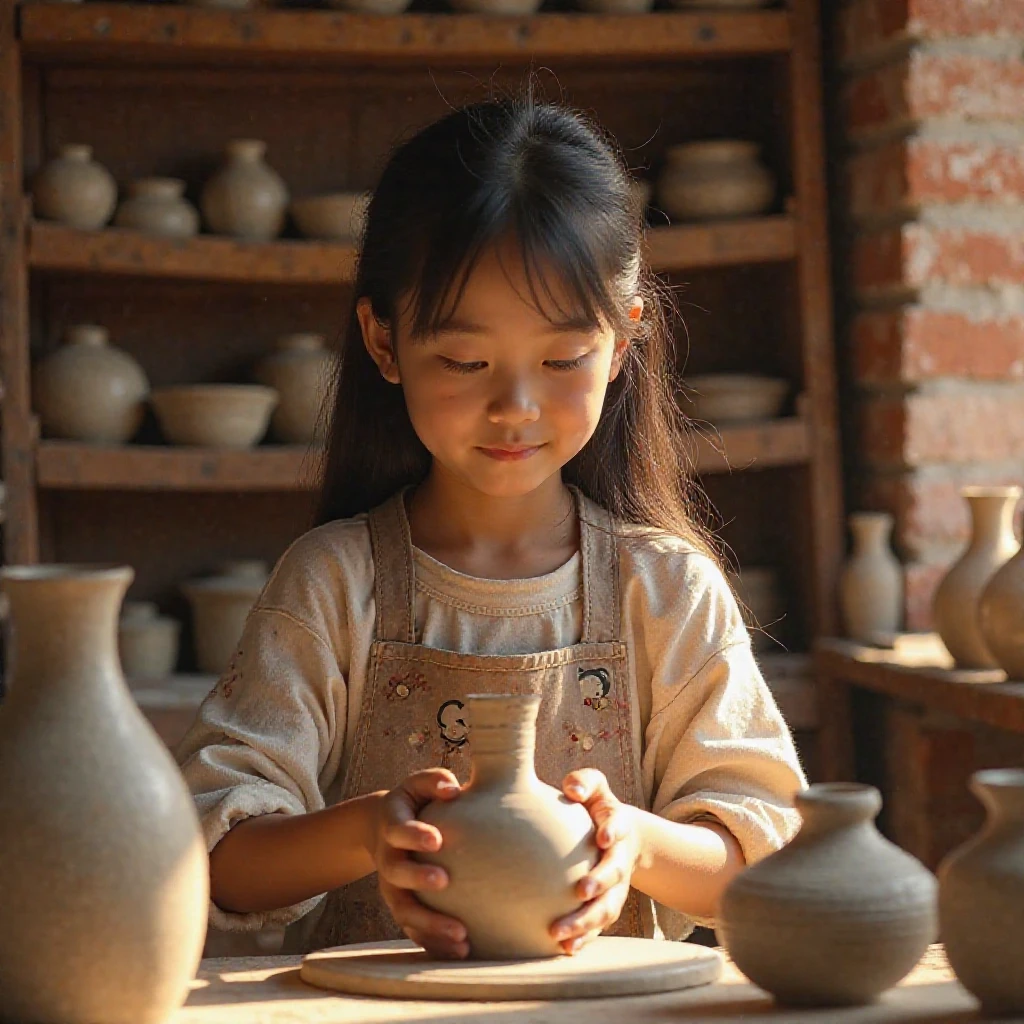 (8k, RAW photo, best quality, masterpiece), (photorealistic), outstanding details, ultra-high resolution, anatomically correct, textured skin, (Extremely precise and accurate anatomy), Ultra Detailed Face, Detailed Eyes, (Cute Japanese girl), light smile, A potter working in her studio in the forest, She makes big pots out of clay, cinematic lighting in the hair, hair light, wind in the hair, A square in the forest, (backlighting), reflection light, atmospheric perspective, depth of field, (dramatic lighting), cinematic lighting,