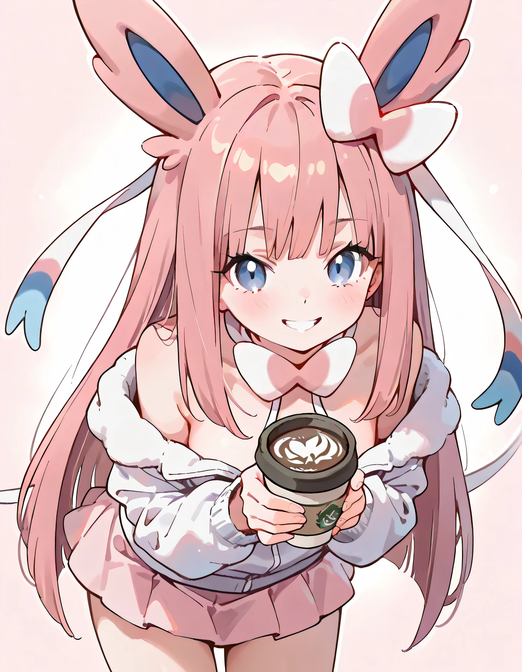 solo,(leaning forward:1.3),looking at viewer,1girl,18years old,patel pink long straight hair,bangs,natural cosmetic,grin,(offshoulder pastel pink Sylveon(pokemon) design parka,mini skirt),adult female face,(Holding out a coffee cup),soft lineart, (pastel cafe color background),memorial shot,nostalgic scene,