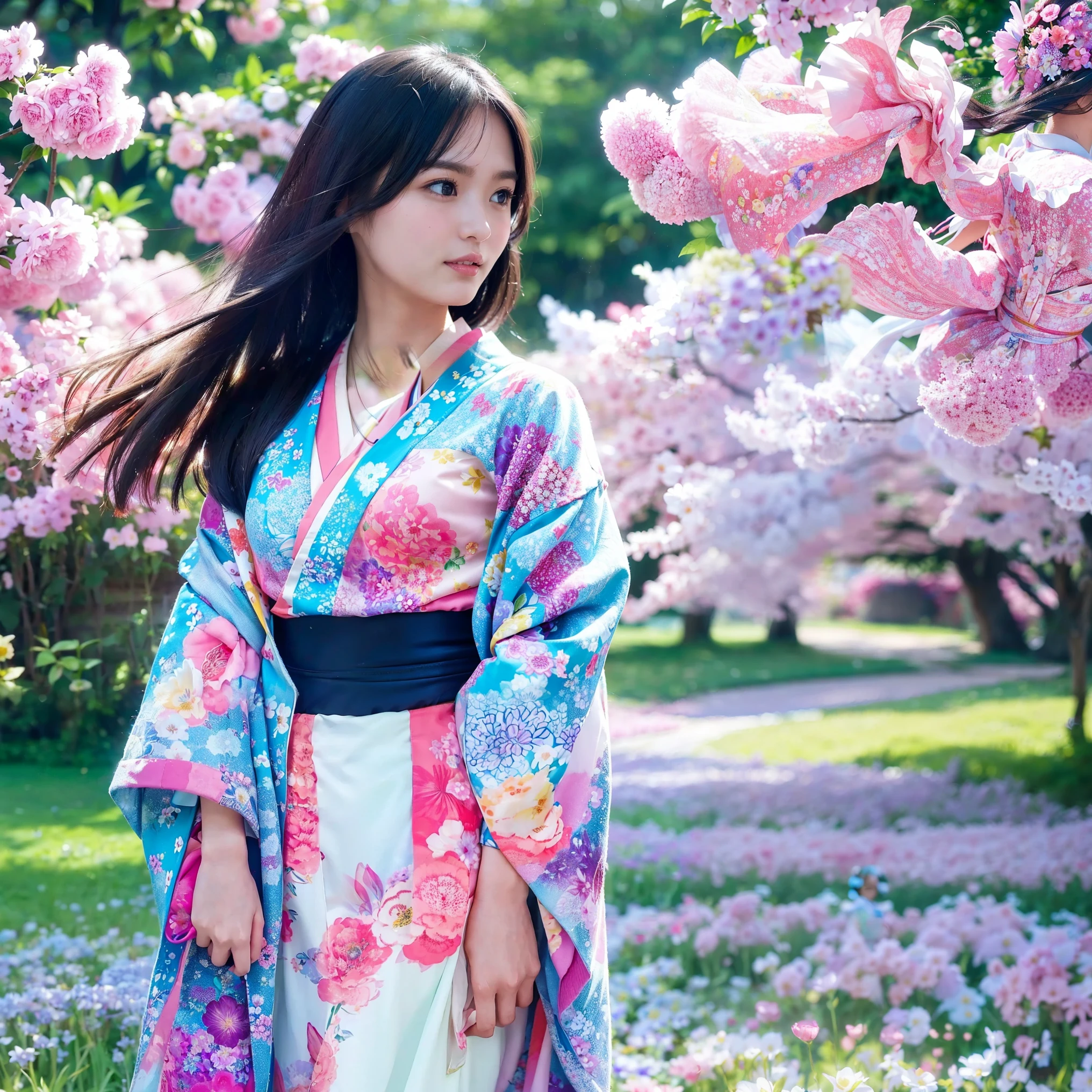 (hair fluttering in the wind, Long Lashes, swaying short skirt hem , kimono dyed with traditional Japanese patterns, vivid background , A blooming flower garden , Gentle sunlight, a picture of a young woman standing in a field, possibly of paper or fabric ), Create easy-to-draw textured illustrations, Realistic skin depiction, bright colors, fine shading like the picture , artistic portrait style, bright and soft lighting.