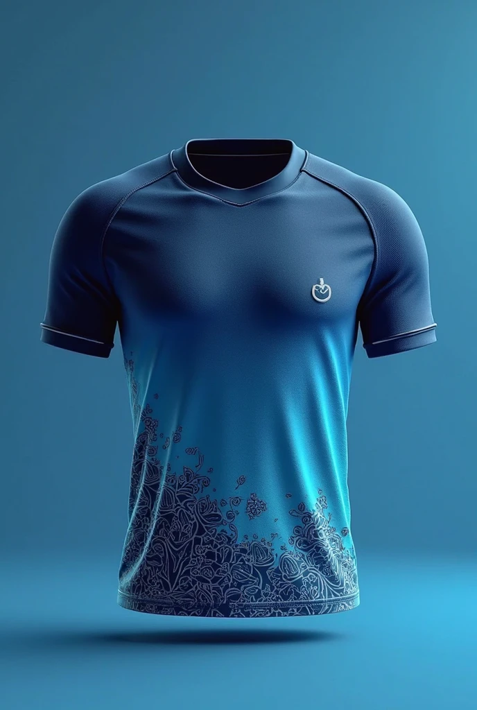 Create an image of a blue volleyball shirt with a darker blue, front and back, with beautiful details, without any writing, just the number 08 WITH DEGRADE at the beginning of the blue shirt