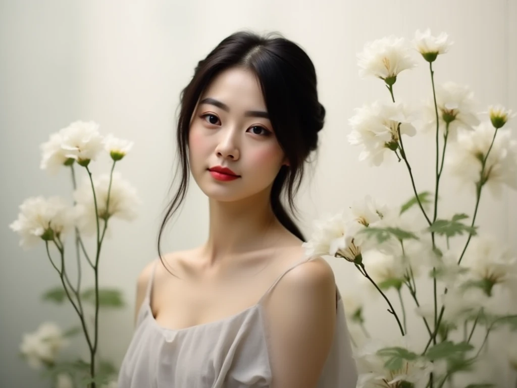 editorial photography,super detailed background,Super realistic,double exposure,depth of field,asian beauty super skinny vides,soft focus tone,narrative scene,narrow eyes,Portrait photo of a female with white single flowers,bare shoulders,looking down,