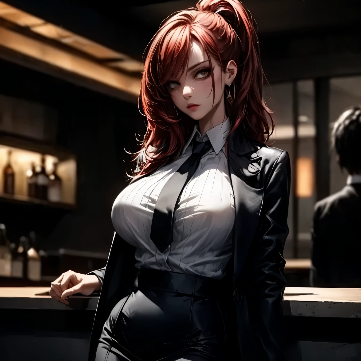 ((best quality)), ((Masterpiece)), ((Enrich the picture，Masterpiece level quality)), red hair, high ponytail, very big breasts, golden eyes, fierce woman, mafia boss, best eye details, best quality, street fashion, RAW 4K, Realistically, ( cinematic lighting, moody, textile shading), perfect proportions, ultra detailed, volumetric lighting, soft lighting, glossy skin, beautiful face, Special face details, strong emotions, elegant gesture, Detailed facial features, Long eyelashes, contrast, great details, Incredible atmosphere, Fascinating setting, Haunting beauty , sexy mini white shirt, mafia suit, necktie, mini black skirt, luxury bar,