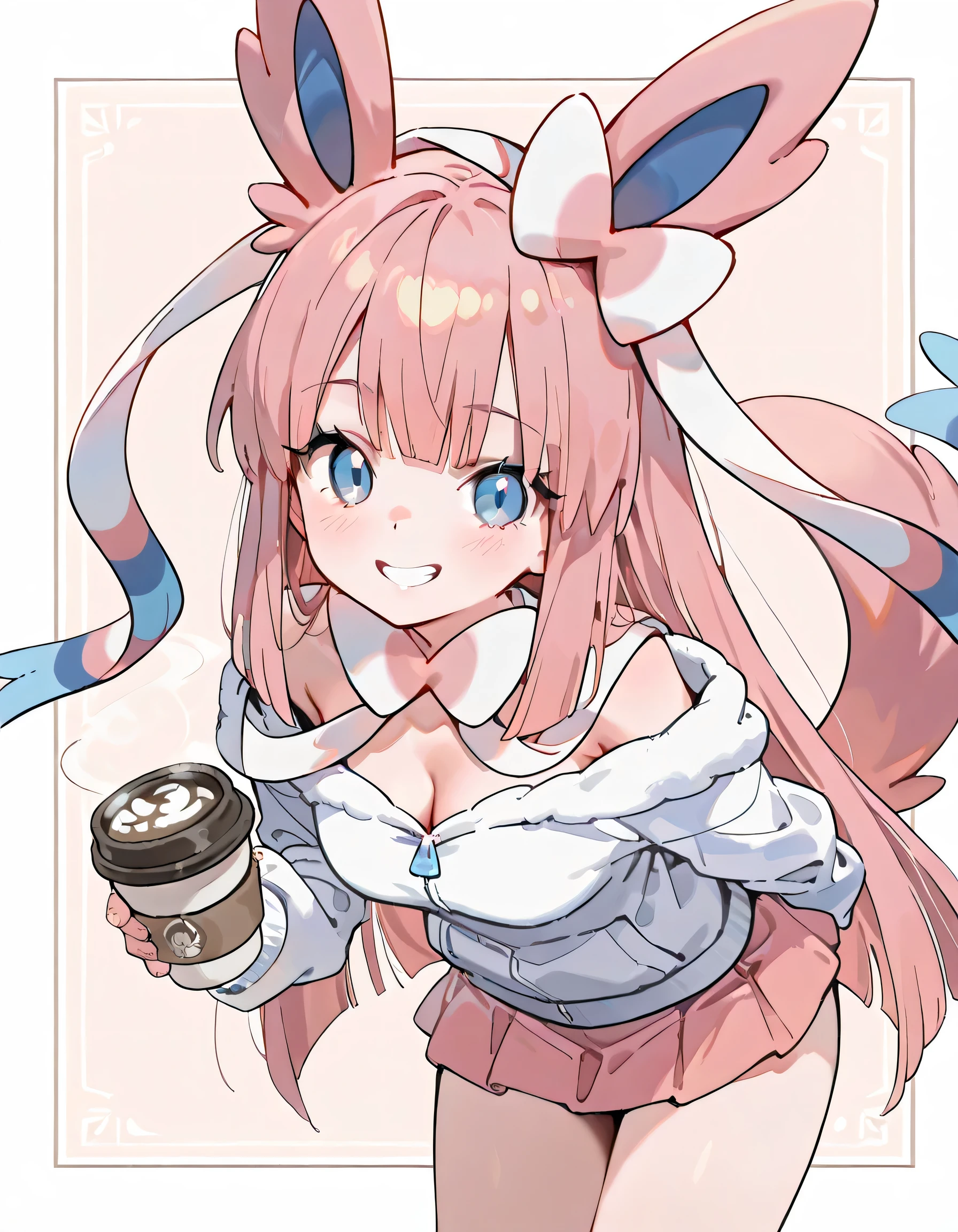 solo,(leaning forward:1.3),looking at viewer,1girl,18years old,patel pink long straight hair,bangs,natural cosmetic,grin,(offshoulder pastel pink Sylveon(pokemon) design parka,mini skirt),adult female face,(Holding out a coffee cup),soft lineart, (pastel Inside a stylish cafe background),memorial shot,nostalgic scene,