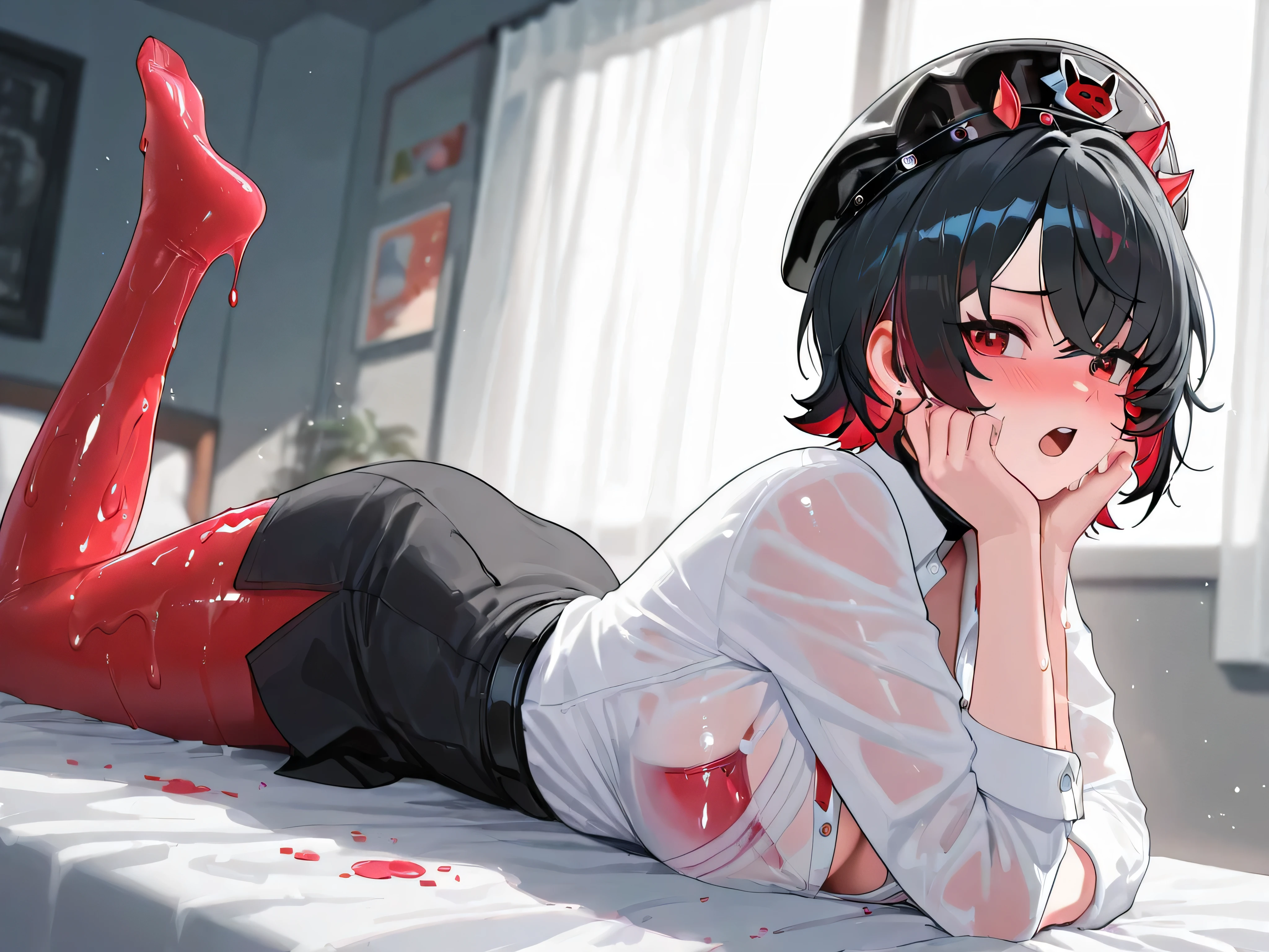(Zenless Zone Zero), (Slime girl Ellen Joe:3.0, Ellen Joe outfit:3.0, slime girl Melting:2.8, open mouth, slime girl body:4.0, slime girl melting:4.0, slime girl melted legs:4.0, melting legs:3.0, melting feet:4.0, melting body:4.0, melting hands:4.0, melting arms:4.0, slime melting breasts:6.0, dripping slime:3.0), 1 adult beautiful woman, unbuttoned blouse, wet see-through clothes, melting clothes, pantyhose, black hair, Slime girl hair, blushing, red eyes, detailed face, (masterpiece, top quality, very detailed depiction), slime girl melting into a puddle, skin colored puddle, slime puddle under her body