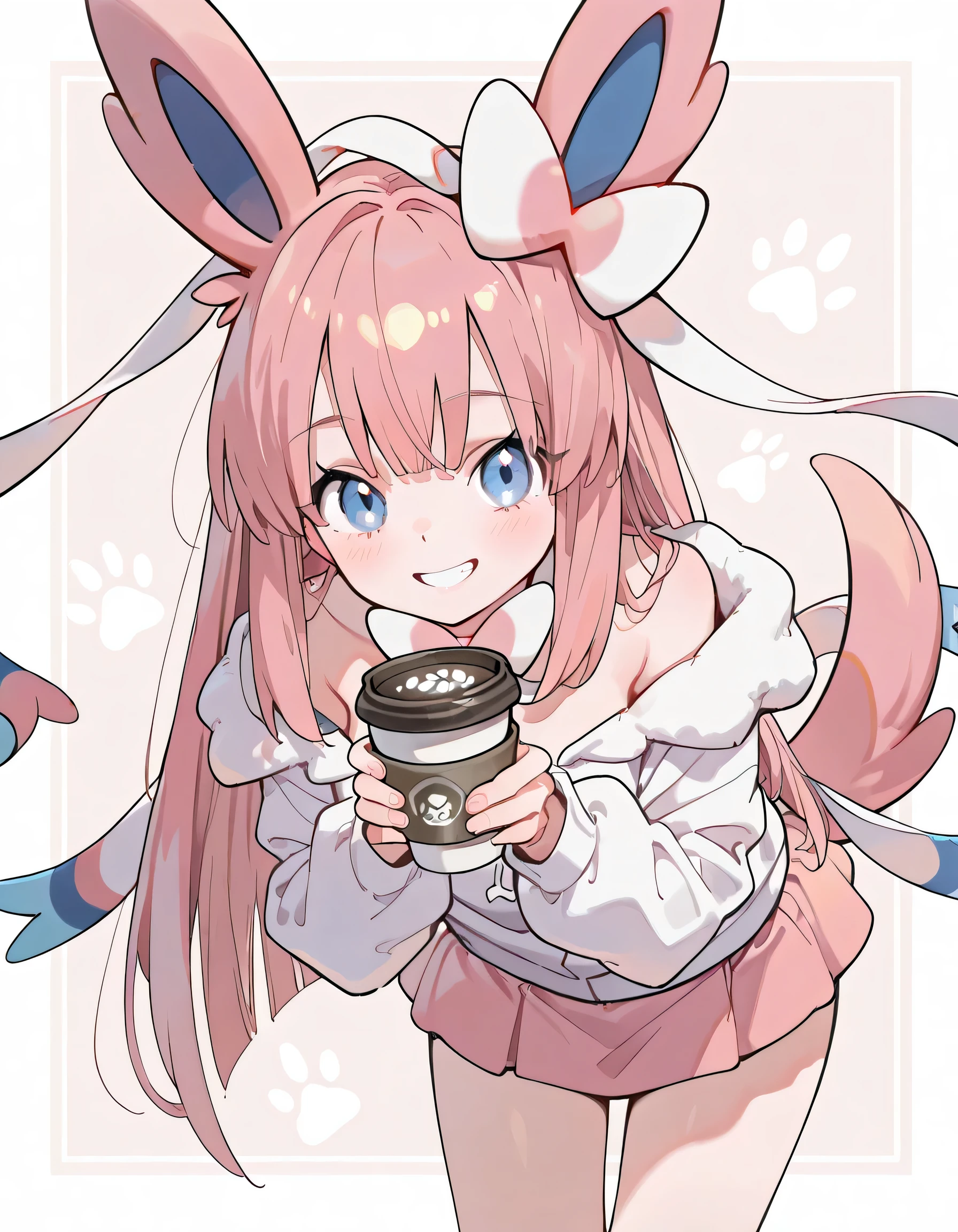 solo,(leaning forward:1.3),looking at viewer,1girl,18years old,patel pink long straight hair,bangs,natural cosmetic,grin,(offshoulder pastel pink Sylveon(pokemon) design parka,mini skirt),adult female face,(Holding out a coffee cup),soft lineart, (pastel Inside a stylish cafe background),