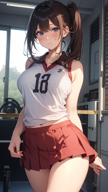 (software:1.5), (blush), (big and full breasts)、school gym clothes、droopy eyes,ribbon、thick thighs, exercising outside、Sweat、wet clothes
