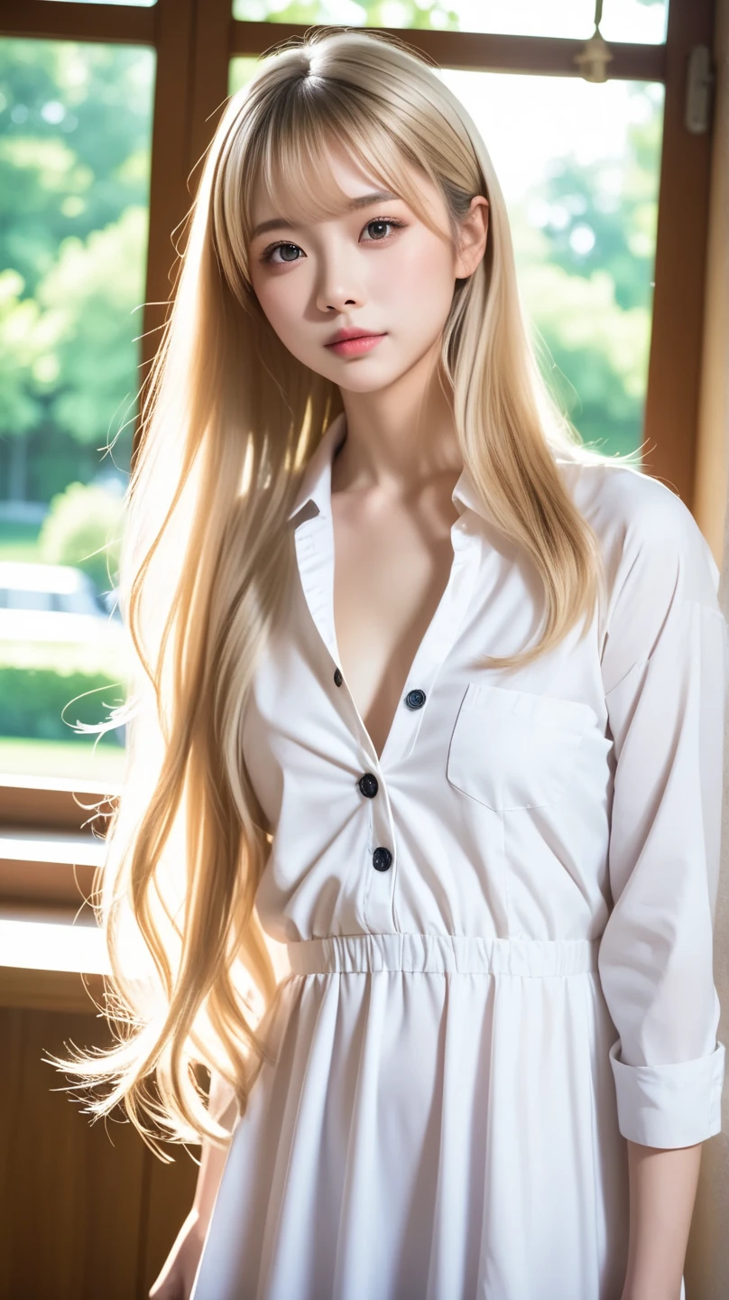 Gorgeous adult woman wearing white shirt, long blonde hair and bang,huge bearsts,show bearsts, soft light, high quality, 4k resolution