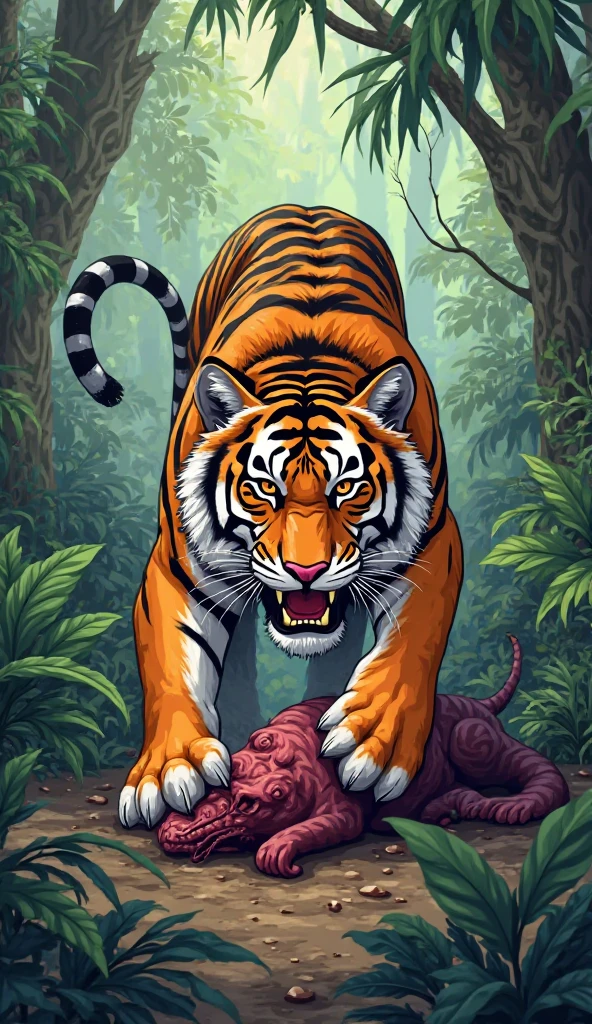 make a picture of a tiger eating a baby snake with sadism and blood