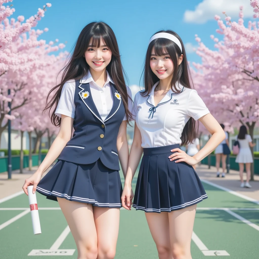 8K、RAW Photos、Highest quality、Super detailed、Super Resolution、Ultra HD、8K壁紙、Amazing details American blazer uniform girl ((White blouse with formal collar, Blue blazer, Blue plaid skirt, Red checkered ribbon on blouse)), Complete limbs, Full Finger, A large sunflower field in the countryside、Straight road、Walk through the sunflower field,smile、sun、School bag、Heart Necklace (((Emphasize cleavage))) (((Full body photo))) ((Blue sky))