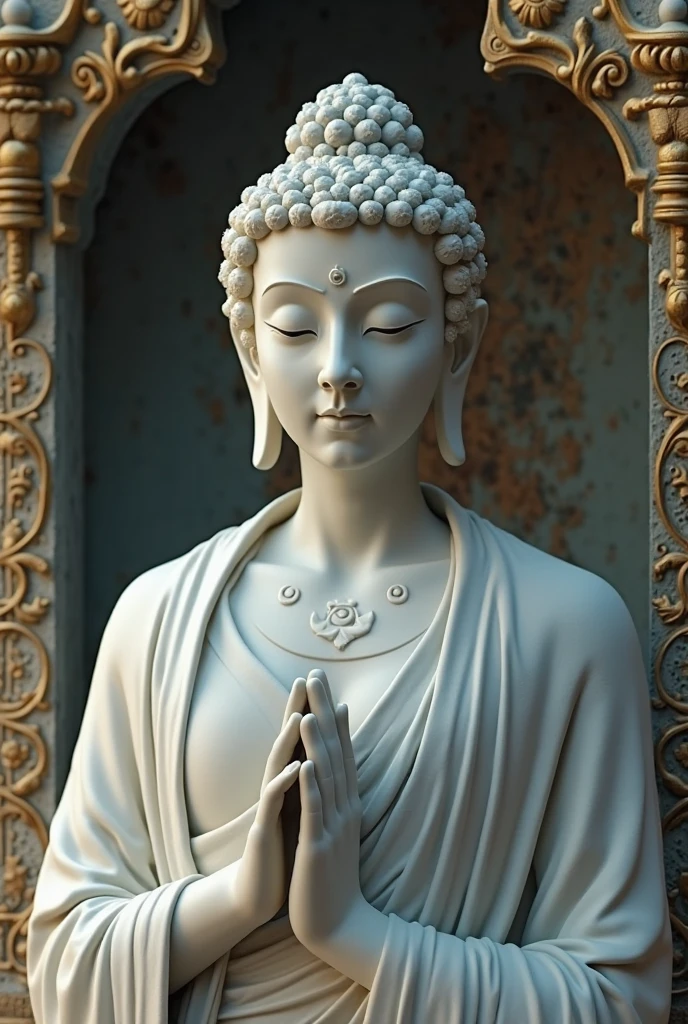 ilustracion pintada a amano de una estatua de buda gris antigua con musgo
