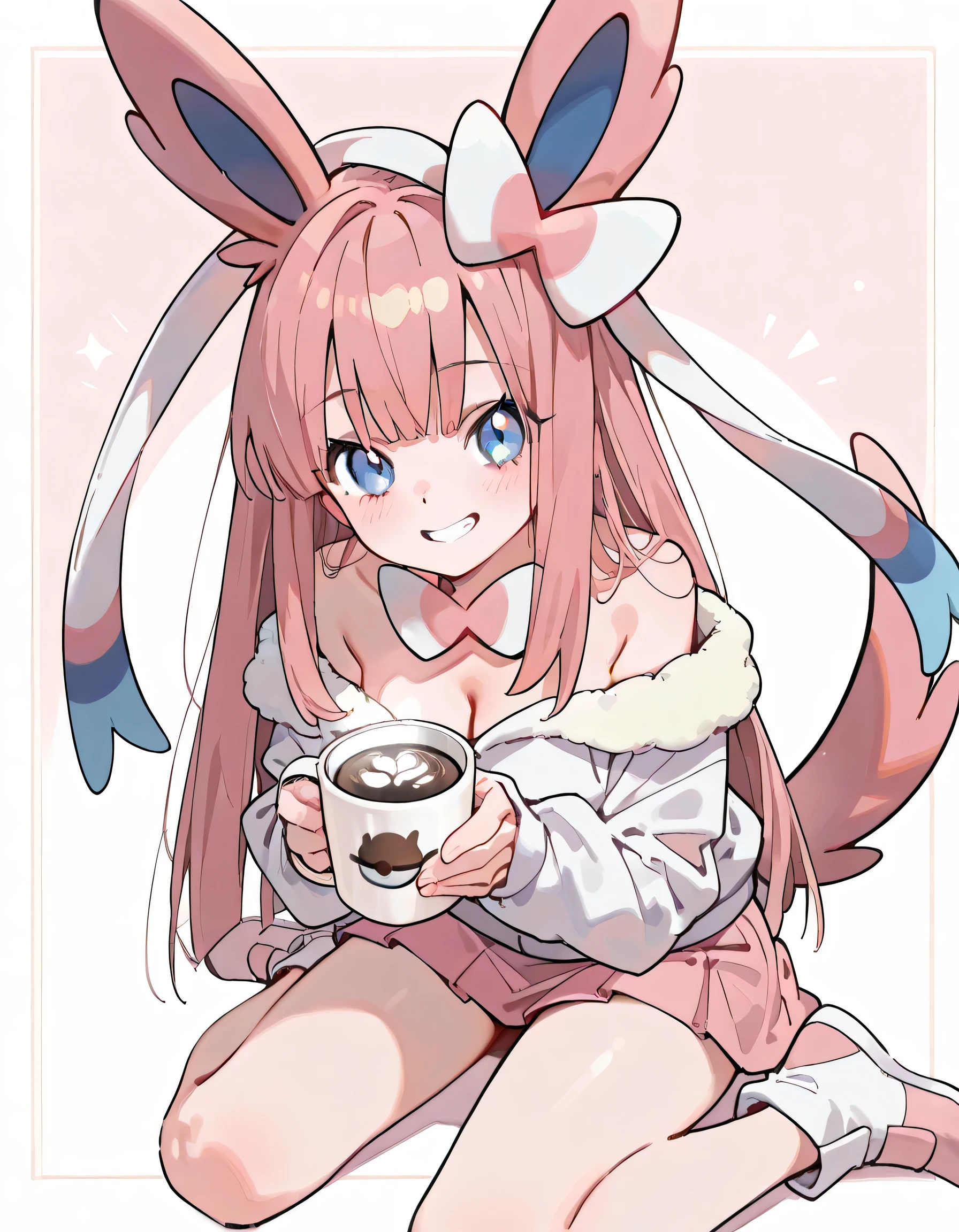 (wariza),solo,(leaning forward:1.3),looking at viewer,1girl,18years old,patel pink long straight hair,bangs,natural cosmetic,grin,(offshoulder pastel pink Sylveon(pokemon) design parka,mini skirt),adult female face,(Holding out a coffee mug),soft lineart, (pastel Inside a stylish cafe background),
