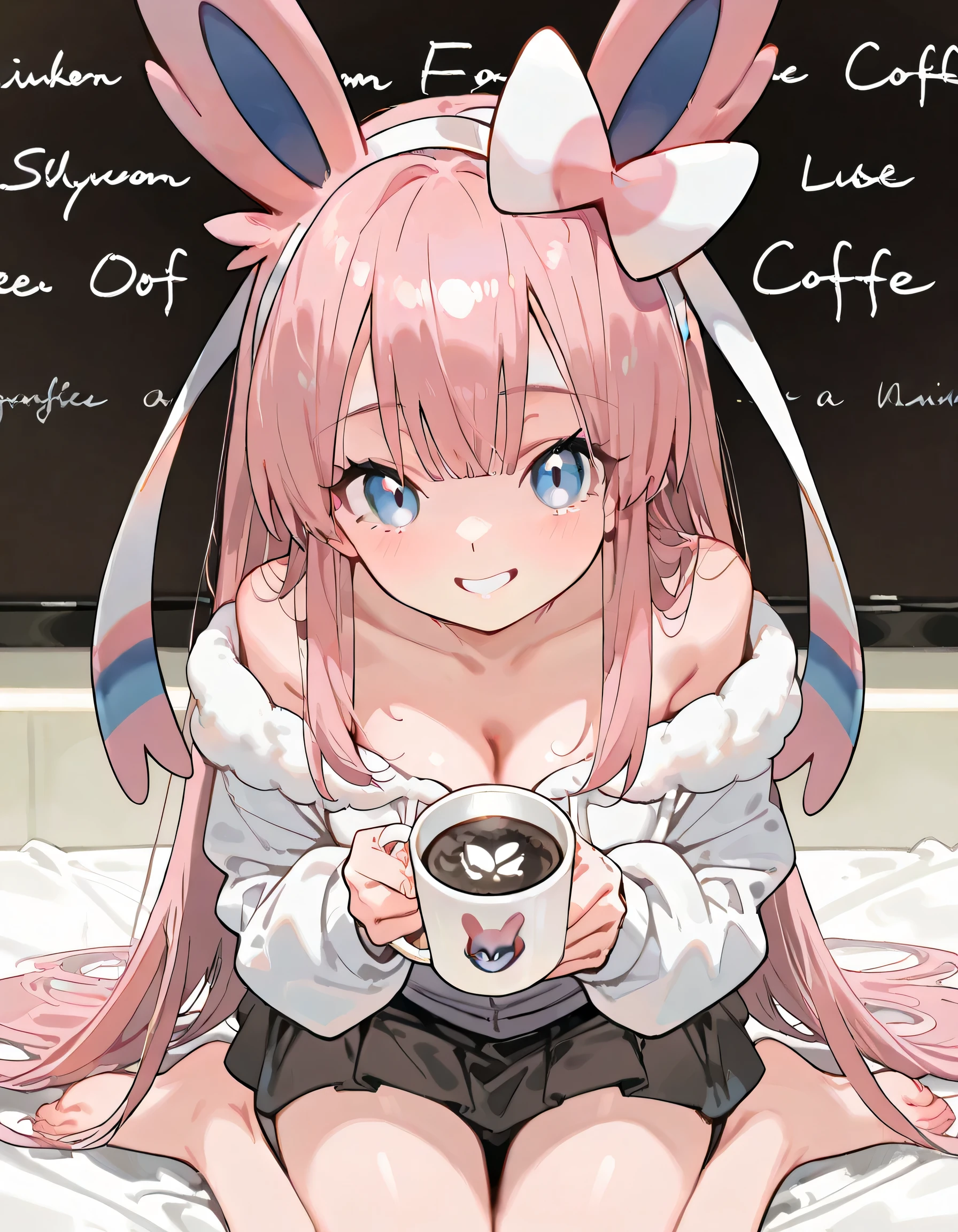 front view,(wariza),solo,(leaning forward:1.3),looking at viewer,(closed up face:1.3),1girl,18years old,patel pink long straight hair,bangs,natural cosmetic,grin,(offshoulder pastel pink Sylveon(pokemon) design parka,mini skirt),adult female face,(Holding out a coffee mug),soft lineart, (pastel Inside a stylish cafe background),