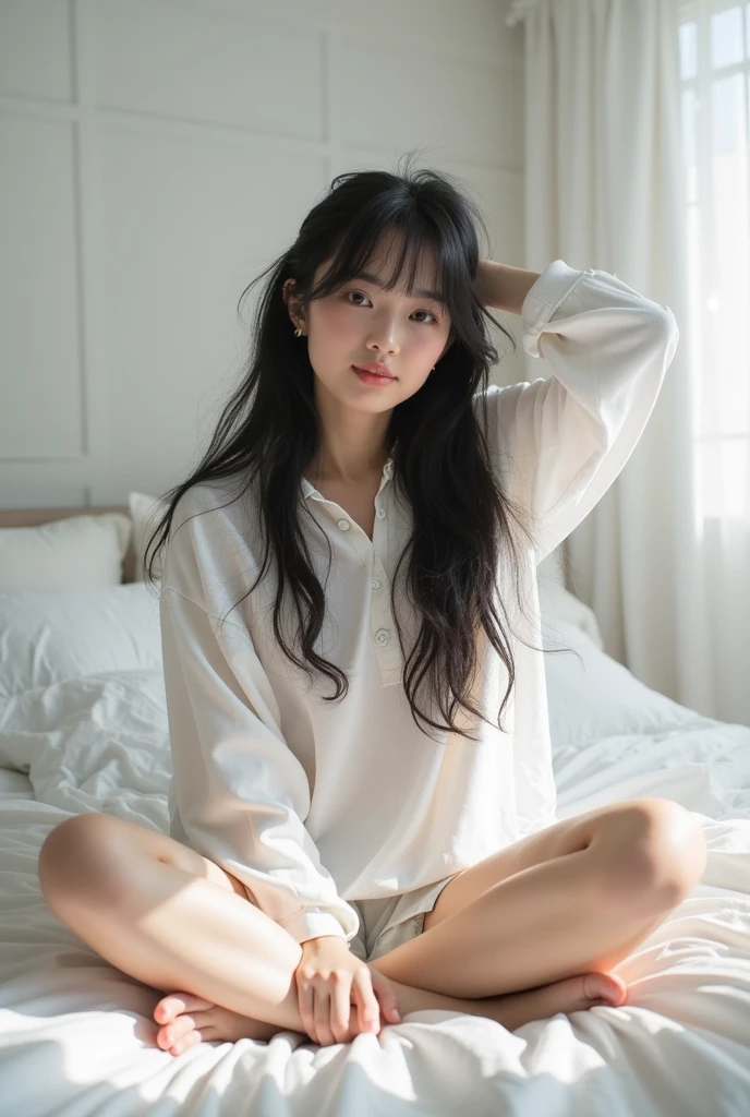 An ultra-high picture quality、Perfect Photo、Japan beautiful girl、17 age、female high-school student、Slender body、Black hair Long hair、With bangs、Cute room、Own room、Sit on a chair、Raised tretch comfortably、Wearing only a plain white T-shirt、Gaze from above、Nokezoru、Adored expression、It hurts a lot、Dazzling、Looks very dazzling、Stand up on one knee、Put one foot on the chair、naked, nipples, panty shots