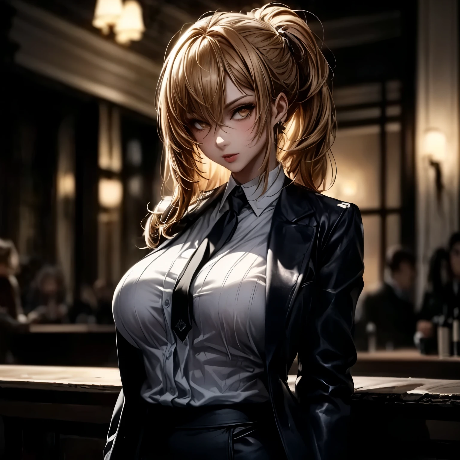 ((best quality)), ((Masterpiece)), ((Enrich the picture，Masterpiece level quality)), golden hair, high ponytail, very big breasts, golden eyes, fierce woman, mafia boss, ultra eyes details, best quality, street fashion, RAW 8K, Realistically, ( cinematic lighting, moody, textile shading), perfect proportions, ultra detailed, volumetric lighting, soft lighting, glossy skin, beautiful face, Special face details, strong emotions, elegant gesture, Detailed facial features, Long eyelashes, contrast, Incredible atmosphere, Fascinating setting, Haunting beauty , sexy mini white shirt, mafia suit, necktie, mini black skirt, luxury bar,