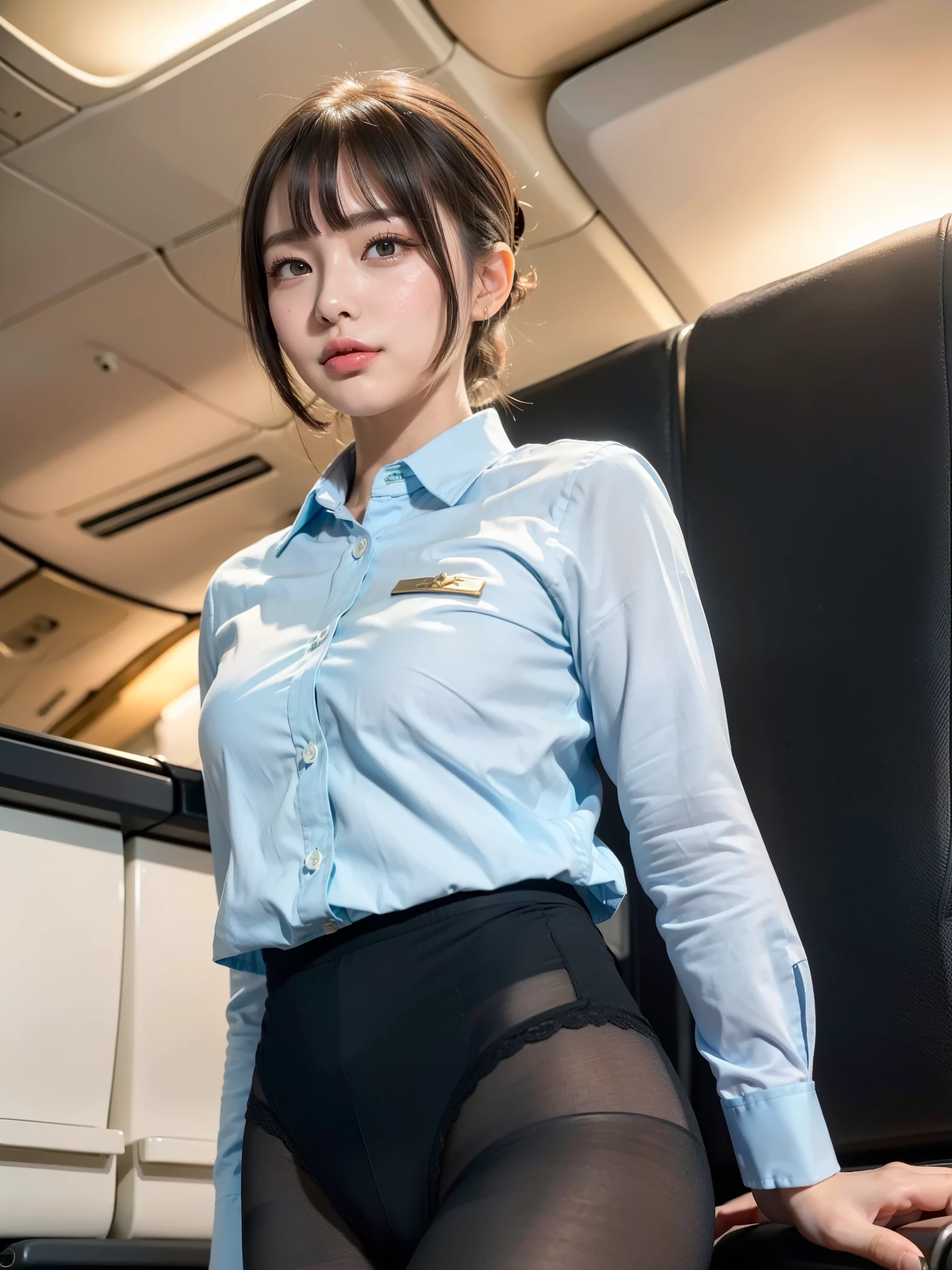ulzzang-6500-v1.1, (raw photo:1.2), (photorealistic:1.4), beautiful detailed girl, very detailed eyes and face, beautiful detailed eyes, ridiculous, incredibly ridiculous, huge file size, super detailed, high resolution, very detailed, best quality, masterpiece, kemomimi, ((flight attendant outfit)), illustration, very detailed, CG, unified, 8k wallpaper, amazing, fine details , masterpiece, best quality, very detailed CG uniform 8k wallpaper, light on face, movie lighting, 1girl, , white hair, side split, (no hat), (no panties)), (with glasses), ((dynamic pose))), (camel toe), (half), (pantyhose), (pantyhose and legs))