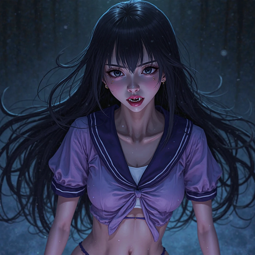TheSpirit ,((blue skin)),green eyes,navel, solo,dinamic pose, defined body, blush, embarrassed, show , SpiScho,very Long hair, fingernails, (insanely detailed, beautiful detailed face, masterpiece, best quality), wide hip, school, mini skirt, nylon crop top, underboobs, big breast, thighhighs, stockings