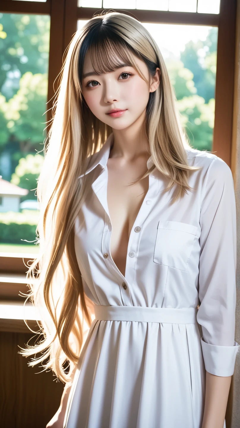 highest quality, Ultra-high resolution, (Realistic:1.4), White silk pajamas、soaked、Japanese、Gal、Blonde、blue eyes、Sexy beauty、smile、Night Sky、rooftop