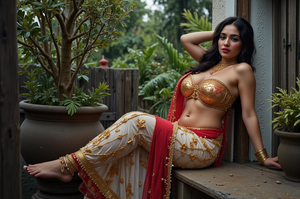 a goddess with long hair, smiling expression, intoxicated eyes, garland of kadamba flowers, various ornaments, sweating, three skin folds below navel, thin fine pubic hair below navel, seated on throne, wearing a red thick saree, red jewelry, holding a skull in left hand and a sword in right hand, in a baroque style, acrylic on canvas, (best quality,4k,8k,highres,masterpiece:1.2),ultra-detailed,(realistic,photorealistic,photo-realistic:1.37),HDR,UHD,studio lighting,ultra-fine painting,sharp focus,physically-based rendering,extreme detail description,professional,vivid colors,bokeh