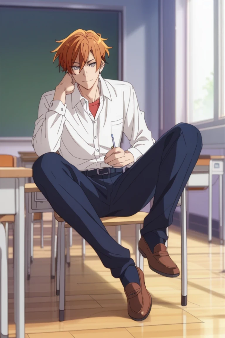 man, un man, short hair, orange hair, brown eyes , navy blue school pants, white school dRess shiRt, Arrogant smile, Allow posture in a classroom, Sit on the classroom floor, Anime by Sasaki Shummei, open legs , dark brown school shoes
