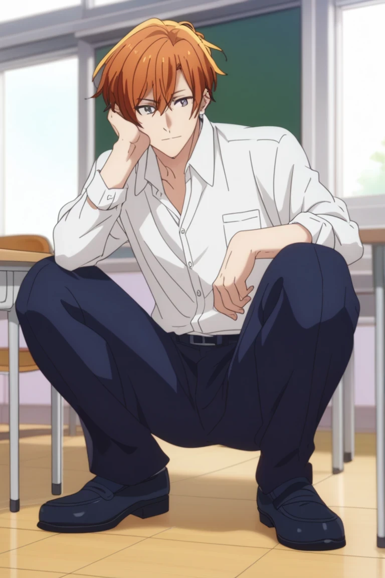 man, un man, short hair, orange hair, brown eyes , navy blue school pants, white school dRess shiRt, Arrogant smile, squatting posture, En cuclillas, in a classroom, Sit on the classroom floor, Anime by Sasaki Shummei, squatting posture