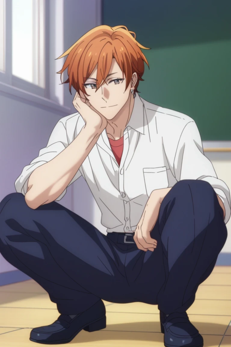 man, un man, short hair, orange hair, brown eyes , navy blue school pants, white school dRess shiRt, Arrogant smile, squatting posture, En cuclillas, in a classroom, Sit on the classroom floor, Anime by Sasaki Shummei, squatting posture