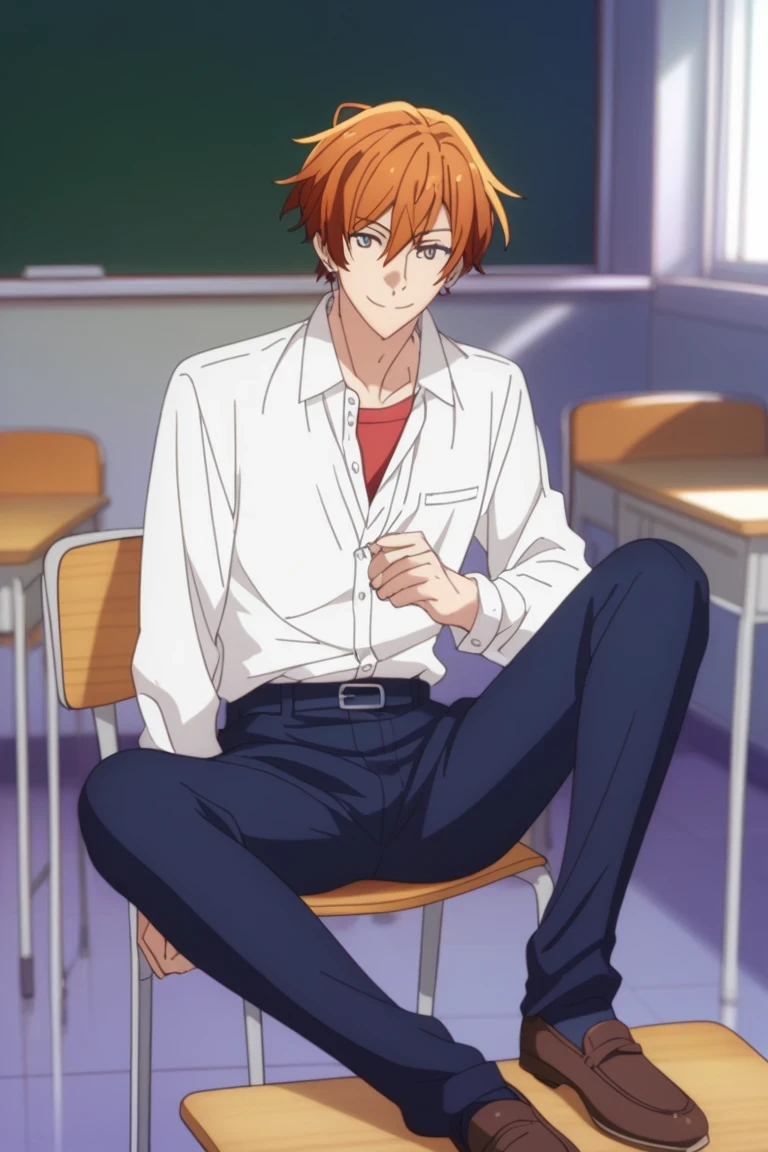 man, un man, short hair, orange hair brown eyes , navy blue school pants, white school dRess shiRt, Arrogant smile, Allow posture in a classroom, Sitting on the classroom floor, Anime by Sasaki Shummei, open legs , dark brown school shoes