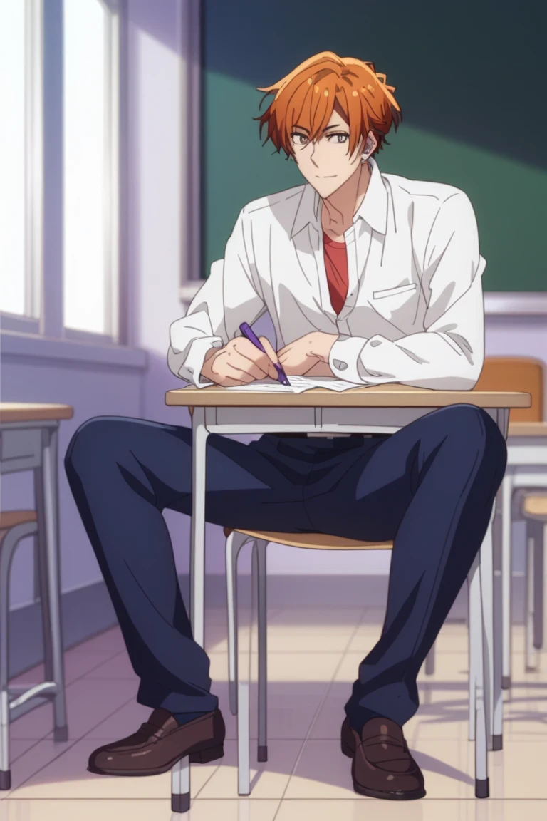 man, un  man, short hair, orange hair brown eyes , navy blue school pants, white school dRess shiRt,    Arrogant smile,  Allow posture in a classroom, Sitting on the classroom floor, Anime by Sasaki Shummei, open legs , dark brown school shoes