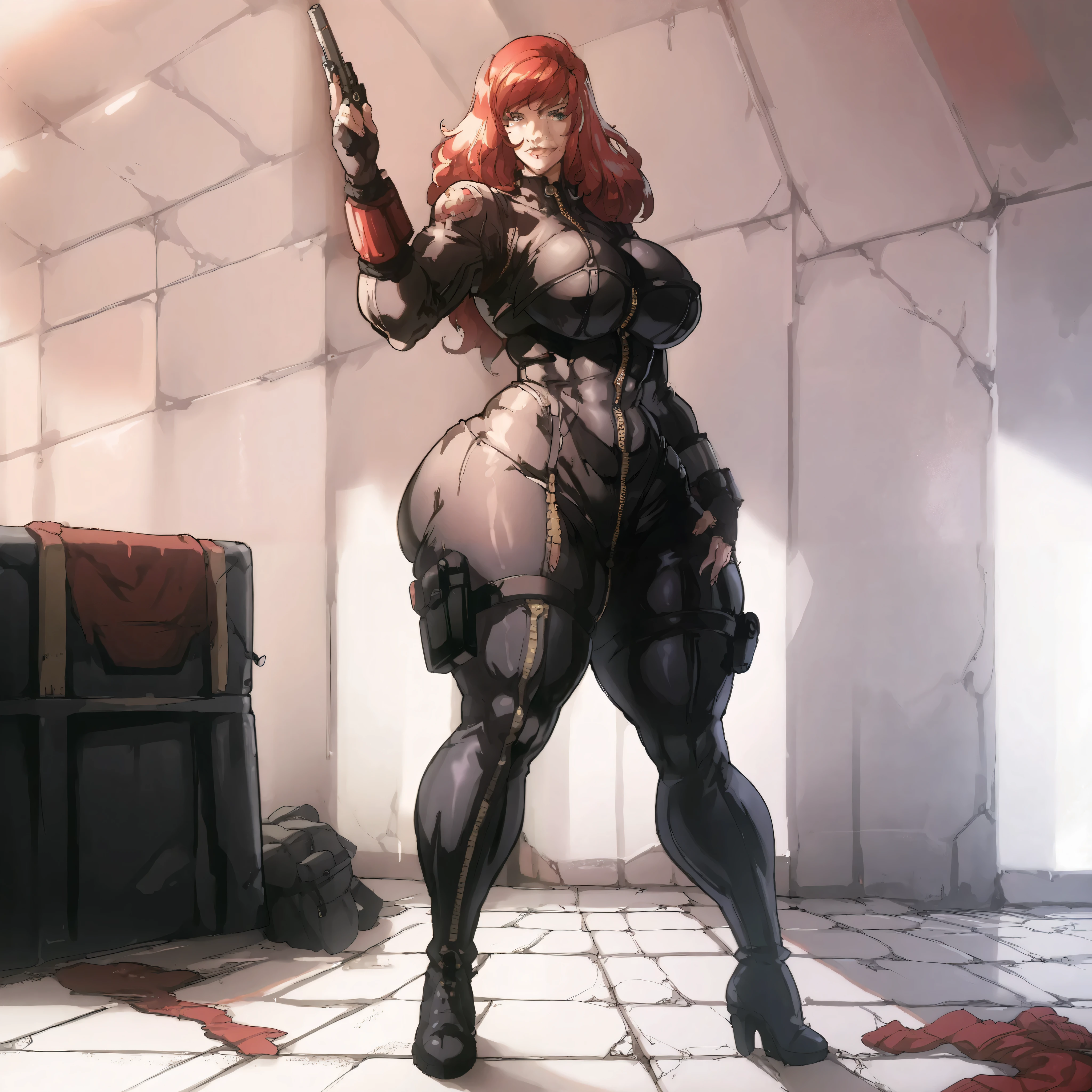 score_9, score_8_up, score_7_up, score_6_up, score_5_up, score_4_up, BREAK,1girl, BlackWidowAnime, black bodysuit, long red hair, black fingerless gloves, holster, makeup, zipper, uniform, ((huge breasts, huge butt, thick thighs, curvy hips)), full body view, side view of body, standing up, highly detailed, masterpiece, standing, cool smirk, inside military base hangar, red walls, black floor, military jeeps tanks & jets in background,