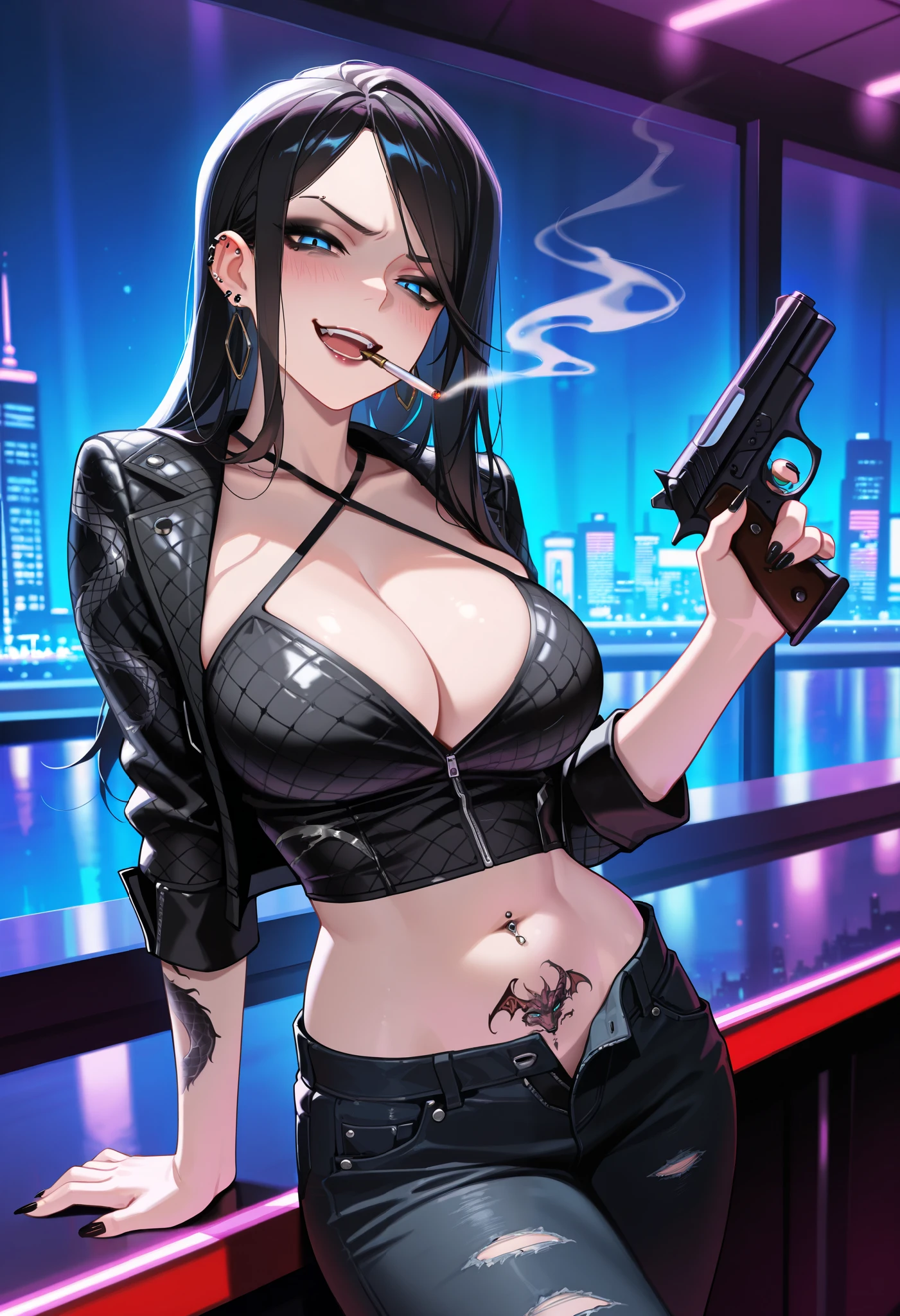 Bayonetta huge breast, slutty girl with guns, cleavage. highly detailed clothes. Sci fi art, fashioned girl. Sensual pose