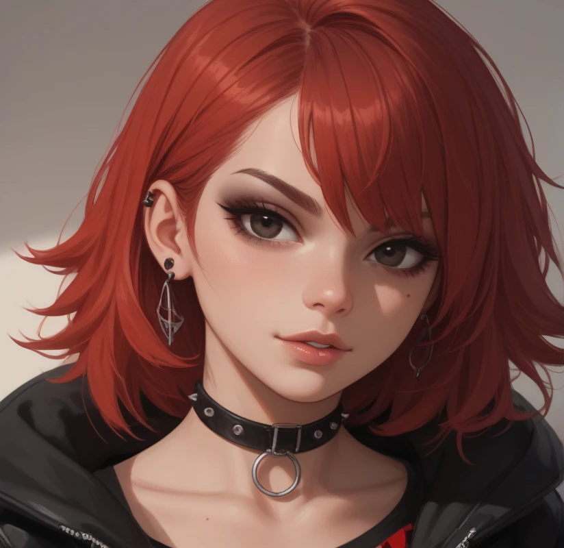 portrait of a girl, BREAK, red hair, BREAK, yellow eyes, dynamic expression, expressive mood, BREAK, maroon lipstick, BREAK, short black dress, bare shoulders.