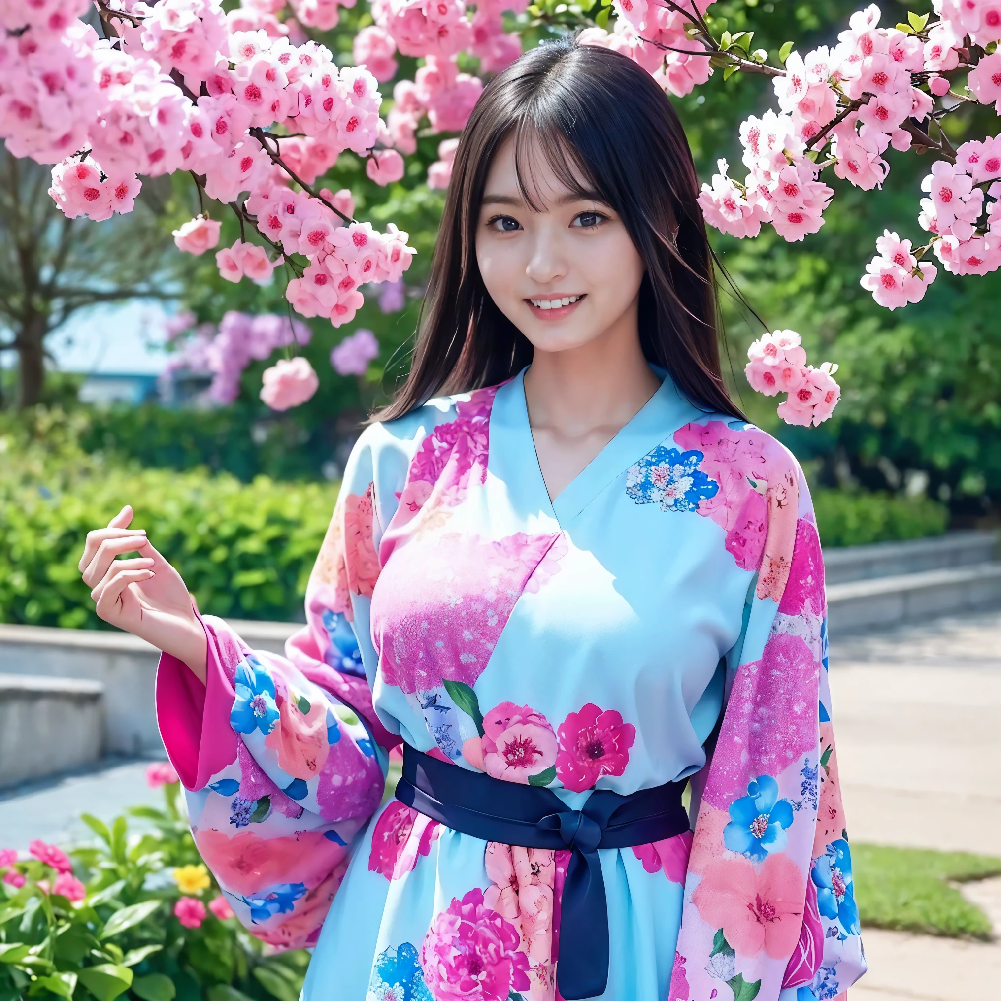 (hair fluttering in the wind, Long Lashes,thick thighs, swimsuit, Bikini,Pink swimsuit, vivid background , A blooming flower garden , Gentle sunlight,   a picture of a young woman standing in a field, possibly of paper or fabric ), Create easy-to-draw textured illustrations, Realistic skin depiction, bright colors,  fine shading like the picture , artistic portrait style,  bright and soft lighting,1 girl, Alone, high definition, long hair, chest, smiles, high definition, accurate, top quality, very detailed, long hair,  black hair, chest,  big chest, smiles,  fingers on the soles of the feet,  big chest元(I Cup),Chest area visible from kimono,大きくSoft chest ,cleavage visible from swimsuit,Soft Skin,cleavage visible from swimsuit,Big Breasts, big chestの谷間,Soft chest ,smiles, 
