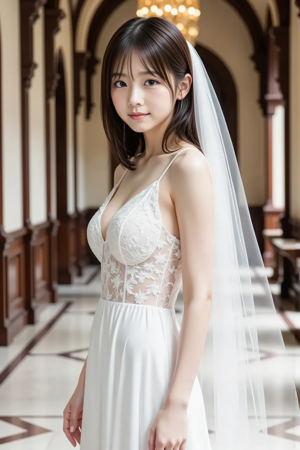 photo, photo realistic, (photorealistic:1.4), best quality, high quality, 4K, RAW, masterpiece, realistic lightning, beautiful face,
1girl, solo, (1), (), gravure idol, (medium breasts),
black hair, (medium hair:1.2), (wavy hair:1.2),
((light) pink lips:1.3), closed mouth, (smiling:0.8),
(bride:1.2), (((white)) wedding lace dress:1.2), wedding veil,
looking at viewer, (knee to top), (beautiful arms:1.2), (front view),
BRAKE,
(outdoors:1.4),