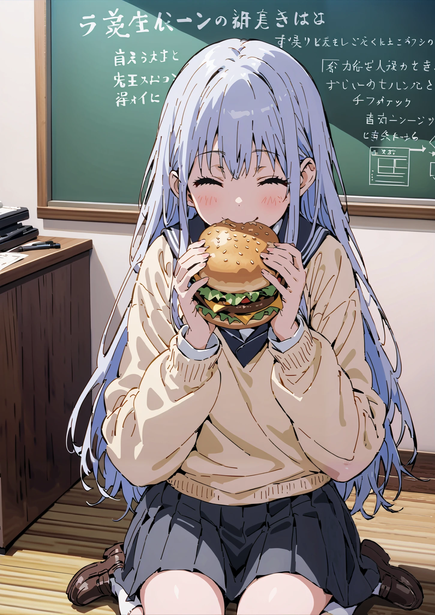  Prohibited bibliography, both eyes,  Silver Hair, long hair, smile,blushes,Black sailor suit, yellow cardigan ,black pleated skirt,white high socks,loafers,chairsに座っている, holding a hamburger with both hands,eating hamburger,noon,machine, blackboard ,chairs,full bodyがイラストに入るように,break indoors,classroom,
full body,
break (masterpiece:1.2),top quality , kampala, Unity 8K Wallpaper ,(shape:0.8),It's a person ,full body写真,CG Details , (perfect hands,complete anatomy),