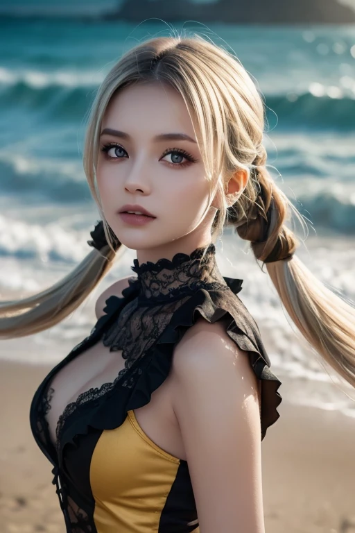 ( 1 girl),gothic,faceup, twin tails,White Hair, ,Gorgeous and elaborate clothes,gothic, flying, green, ( colorful ), Bold, Gradient Blend, motion blur , Sparkling Textures , dynamic composition, atmospheric perspective , impressionistic , , (masterpiece), ( top quality ), amazing on the beach, ( beautiful detailed eyes), ( detailed depiction ), depth of field , Highly detailed CG, original , Extremely High Definition Wallpaper , ( brightly colored ), cinematic lighting, ( colorful ), ,