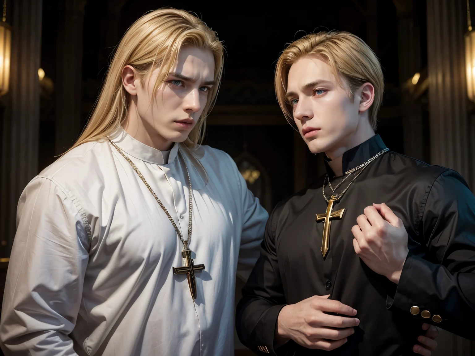 (masterpiece, best quality, 4k, photo:1.35), (good blonde Prince Ivan wants to kill depraved homosexual ageless immortal tall slender androgynous albino king Koschei, but there are two secrets: Ivan is a son of Koschei and Koschei's death is in his testicles:1.5)