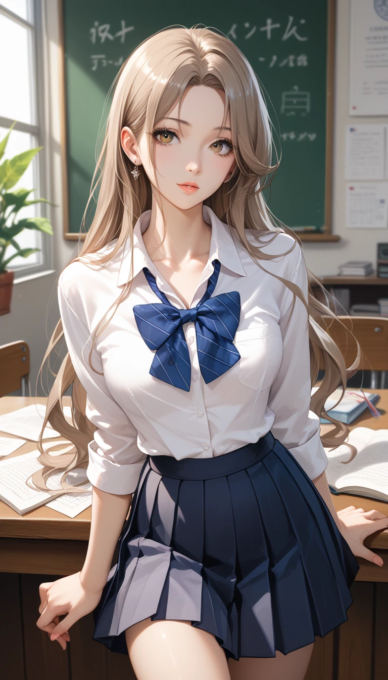 (masterpiece:1.2, Highest quality), (Realistic, photoRealistic:1.4), Beautiful illustrations, 
Looking at the audience, whole body, Front view:0.6, 
1 girl, Japanese, high School girl, (Long Hair:1.5), Hair fluttering, ((Hair Bun:1.5)), bangs, Hair between the eyes, Big Breasts:0.8, 
Beautiful Hair, Beautiful Face, Beautiful and detailed, Beautiful clavicle, Beautiful body, Beautiful breasts, Beautiful thighs, Beautiful legs, Beautiful fingers, 
(Beautiful views), , School,
((Collared short-sleeved shirt, White shirt, , Grey plaid pleated skirt, Blue checked bow tie)), White panties, 
(Are standing, , Lift up the skirt, Grab the hem of your skirt, please put your hand on your chest, Place your hands between your legs), 
blush, ,