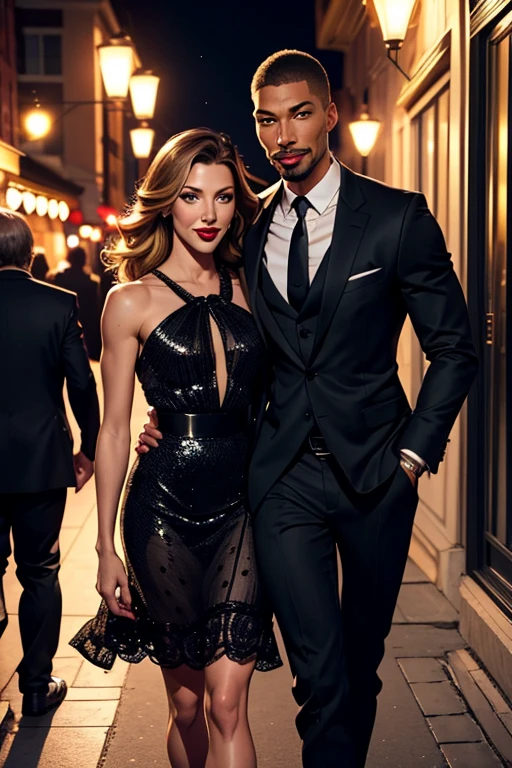 3 persons. A man and two slim women eat on the roof terrace in the evening.... slim blonde woman in a black mini dress with rhinestones and lace. The 2. Woman wearing a red bodysuit with lacing and rhinestones. The 2. Woman has brown hair. The man is wearing a shirt and suit trousers. He has brown hair photorealistic details. Close-up into the camera