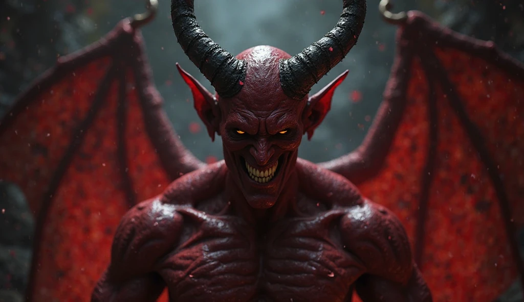 Demon male overpowered evile smile who have a human face have red fire wings 
