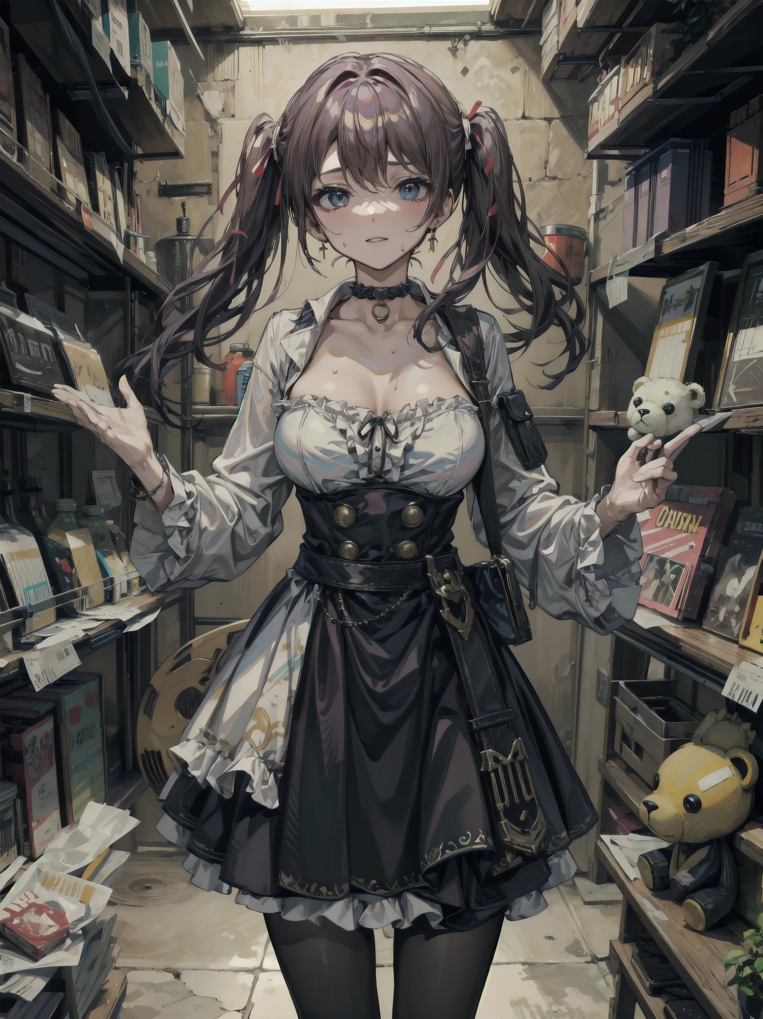 high quality, extremely detailed, lots of image quality, display high quality, beautiful young girl, young girl 16 years, girl 16 years, full body image, full body girl, goth girl, girl with short hair, short hair up to neck, curly hair, black hair, hair with braid on the right side of the head, braid on the right side of the head, light green eyes, green eyes, girl wearing black gothic dress, black gothic dress, black gothic dress with dark blue details, blue sleeve details, blue stripes on the bottom of the dress, blue details on the sleeves of the black dress, black knee-length gothic dress, black goth dress with short sleeves and puffs, black dress with dark blue details, Gothic girl in black dress, gothic lolita, gothic lolita, gothic Victorian style dress, Victorian era dress in gothic style, modern victorian dress, modern gothic dress, gothic girl in modern gothic victorian dress, girl posing standing inside antique shop, interior of antique shop, girl posing smiling for photo, shop with antique items, antique vases, antique books, ancient statues, small ancient statues, antique weapons in antique shop, beautiful anime girl, small breasts, beautiful breasts, striking breasts, small breasted gothic girl