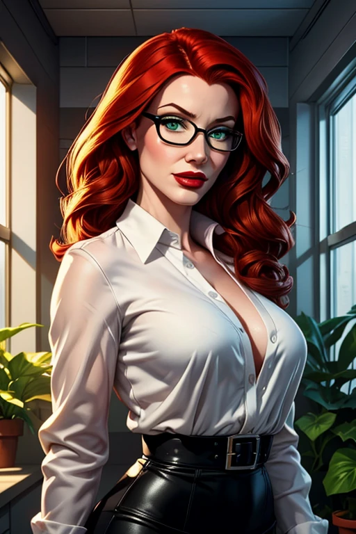 NSFW, a full body photo of a stunning redhead woman with messy hair, (unbuttoned white transparent blouse), smiling, green eyes, flirty, sits in a coffee shop, short black skirt, messy bun, camera from above, voyeuristic, intimate, soft light, warm glow on her face and body, computer, focused, skin and hair, soothing, high-detail skin texture, (freckles:0.5), hdr, partially exposed