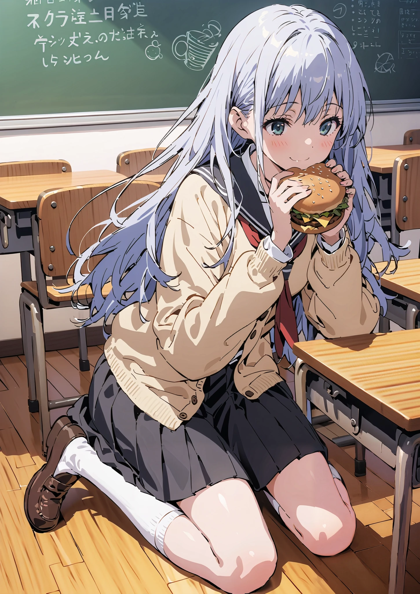 Prohibited bibliography, both eyes, Silver Hair, long hair, smile,blushes,Black sailor suit, yellow cardigan ,black pleated skirt,white high socks,loafers,chairsに座っている, holding a hamburger with both hands,eating hamburger,noon,machine, blackboard ,chairs,full bodyがイラストに入るように,break indoors,classroom,
full body,
break (masterpiece:1.2),top quality , kampala, Unity 8K Wallpaper ,(shape:0.8),It's a person ,full body写真,CG Details , (perfect hands,complete anatomy),
