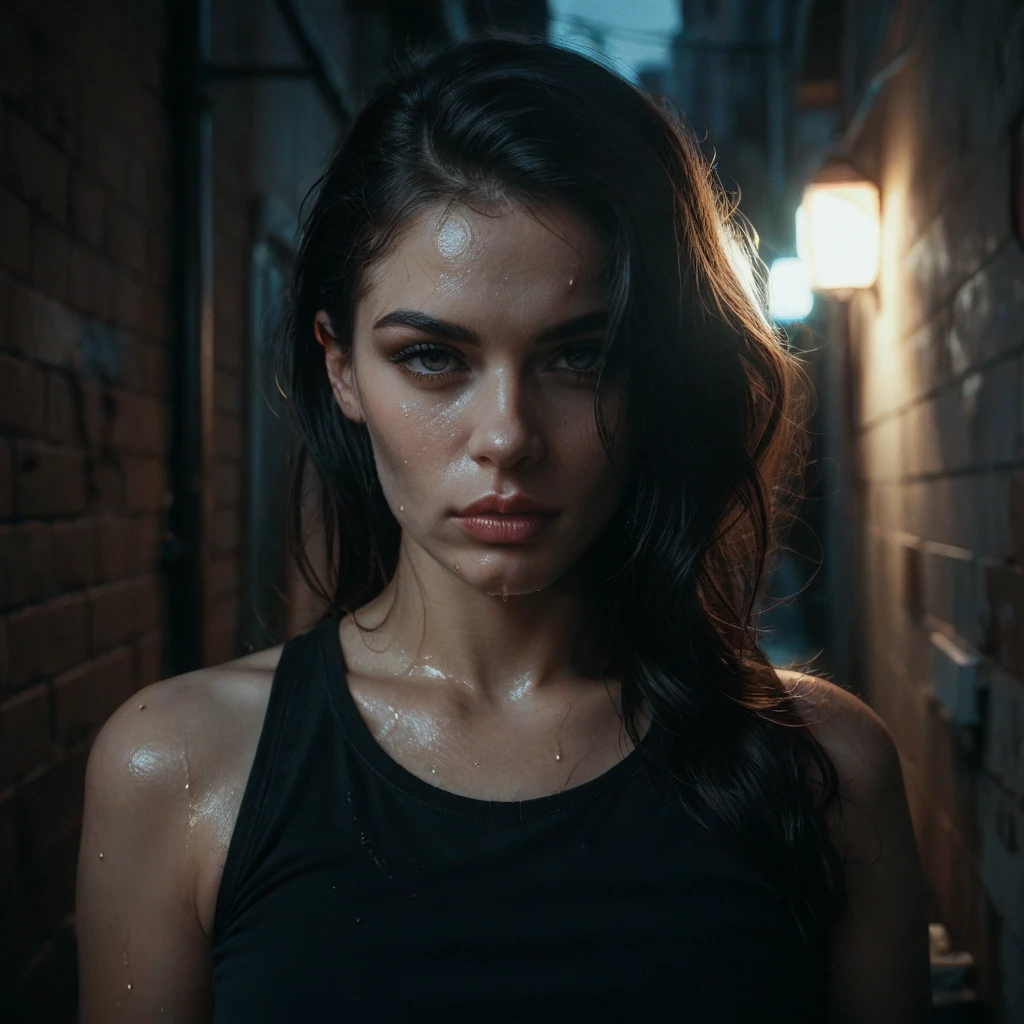 city street, neon, fog, volumetric, closeup portrait photo of young Italian woman in dark clothes, (messy hair:0.3), (beautiful body), (shot from distance), (dirty body:1.6), Indifferent, (body sweat), (wet body), tank top, depth of field, (gorgeous:1.2), detailed face, dark theme, Night, soothing tones, muted colors, high contrast, (natural skin texture, hyper realism, soft light, sharp), (freckles:0.3), (acne:0.2), Cannon EOS 5D Mark III