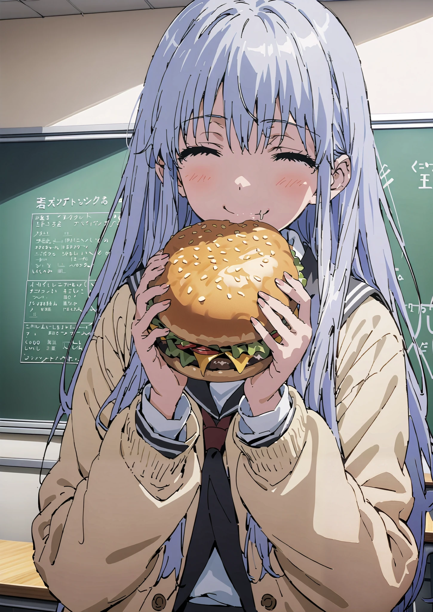 Prohibited bibliography, both eyes, Silver Hair, long hair, smile,blushes,Black sailor suit, yellow cardigan ,black pleated skirt,white high socks,loafers,chairsに座っている, holding a hamburger with both hands,eating hamburger,noon,machine, blackboard ,chairs,full bodyがイラストに入るように,break indoors,classroom,
full body,
break (masterpiece:1.2),top quality , kampala, Unity 8K Wallpaper ,(shape:0.8),It's a person ,full body写真,CG Details , (perfect hands,complete anatomy),