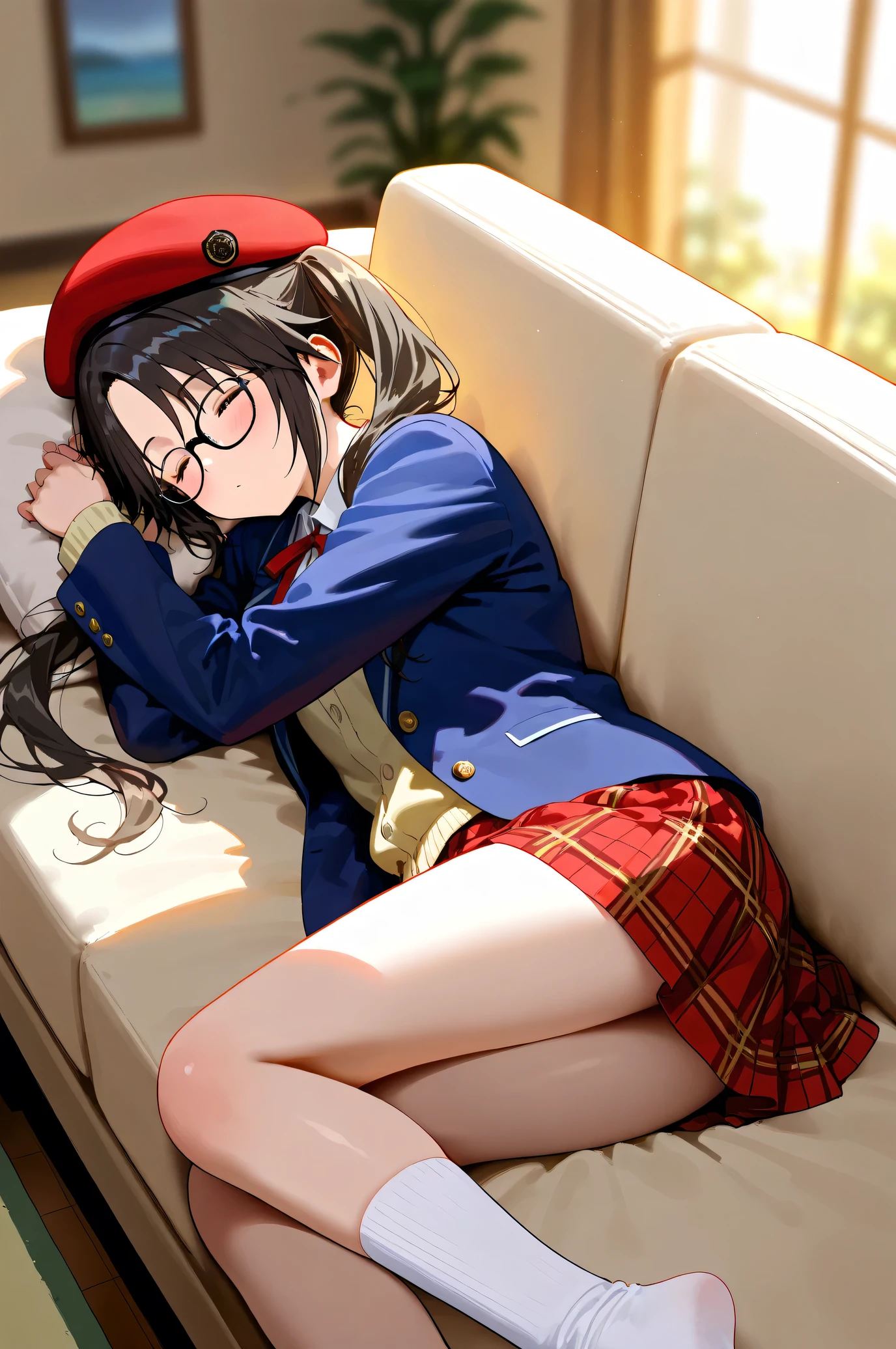 (Masterpiece), (Highest quality), (Very detailed),
(The best shape), (Best shadow), (Absurd),
(Detailed Background), (So beautiful), Shiny,
Extraordinary, Countershading, 8k, 32K, High resolution,
Very Detailed CG, UHD,
Score_9, Score_8_up, Score_7_up, Source_anime,
(Pastel painting:1.2), (Watercolor painting:1.2),
(Masterpiece, Detailed:1.2), (Foreshortening:1.2),
Cinematic, Dramatic, (Depth of field:1.4),
(Blurry background:1.4), (Realistic background:1.4),
dynamic angle, from above,
1 girl, Solo,
lndoor, Living room, Sofa, Light brown sofa, Cushion, (Evening:1.2),
Mitsumine Yuika,
the idolmaster shiny colors,
yuikamitsumine, 1girl, Solo, Black hair, Long hair, Twintails, High twintails,
Casual wear,
Beret, Red beret, Glasses, Black framed glasses,
Blazer, Open blazer, Long sleeves blazer, (Indigo blazer:1.2),
Cardigan, Red ribbon,
Skirt, Mini skirt, Red skirt, Checkered Skirt,
socks, Knee-high socks, White socks,
Blush, Asleep, Sleeping,
Her eyes closed,
Lying on the sofa,
Focus on face,
Realistic skin,
Shiny skin,