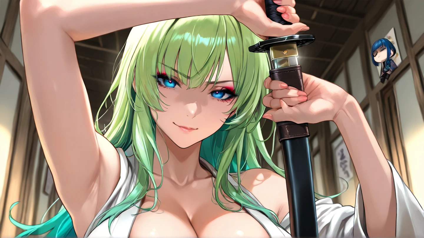 anime style a demon woman with black and green hair with emerald green eye with scary smile holding a katana with destroyed city background