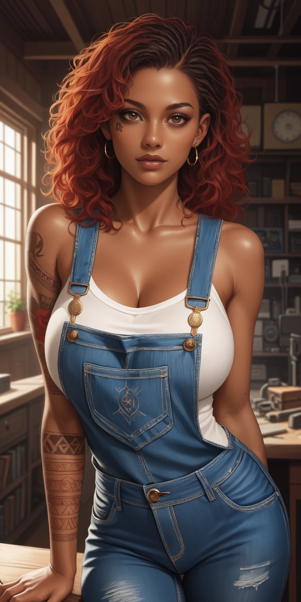 masterpiece, best quality, amazing quality, very beautiful, Absurd, latest, scenery, anatomically correct, 16k, UHD, accurate, expressive, anime screenshots, {{1girl solo}}, illustration, masterpiece, ultra-detailed, {{detailed shading, detailed skin}}, {{realistic skin}}, BREAK, African American woman, approximately 35 years old. She has red hair and feminine features. Her physique is strong and shows she's accustomed to physical labor, but not overly muscular. She has hazel eyes and a single 'all-seeing eye' tattoo on her right arm. She wears classic denim overalls with visible tools. The background is a busy workshop, big breasts, workshop background, athletic body, eye tattoo on arm, all-seeing eye tattoo on arm