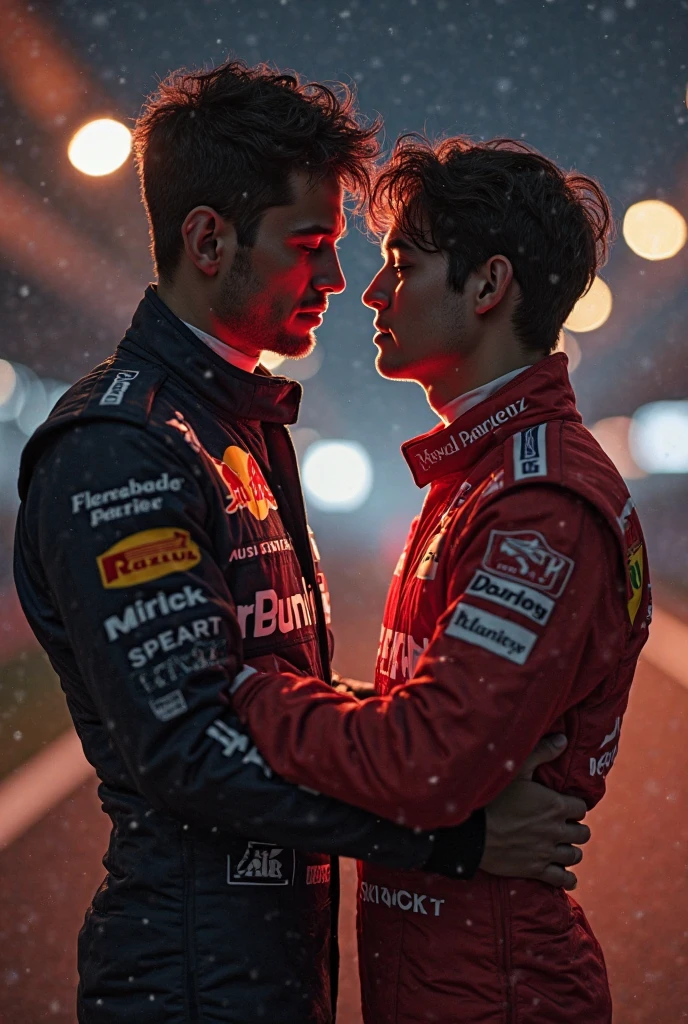 Crie um casal homossexual, se abracando em frente a uma pista de corrida de formula 1, casal gay, se beijando, homens bonitos